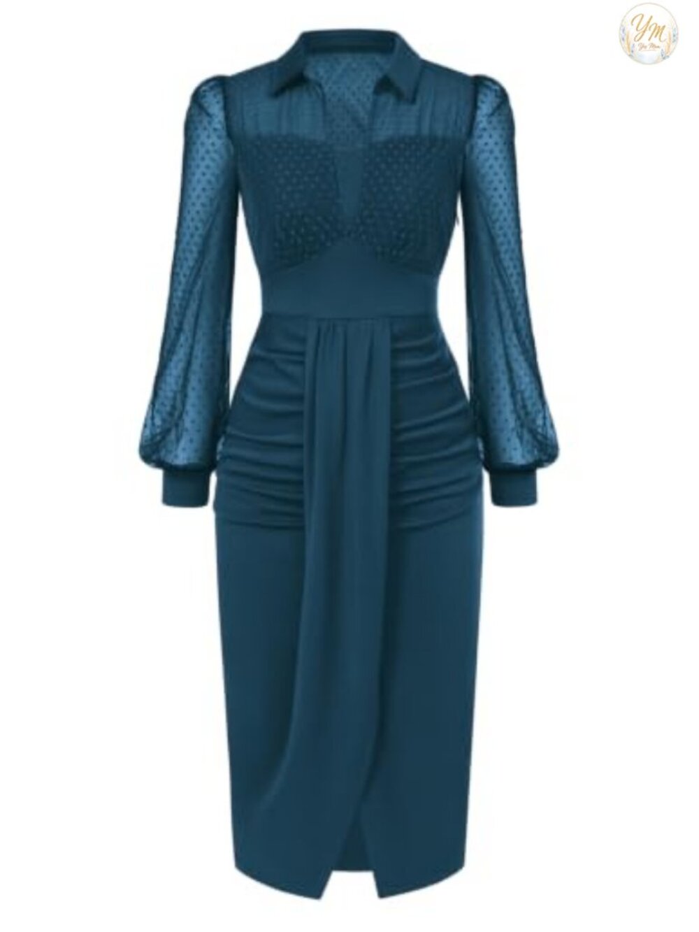Vintage Ruched Mesh Long Sleeve Sheath Dress Midi